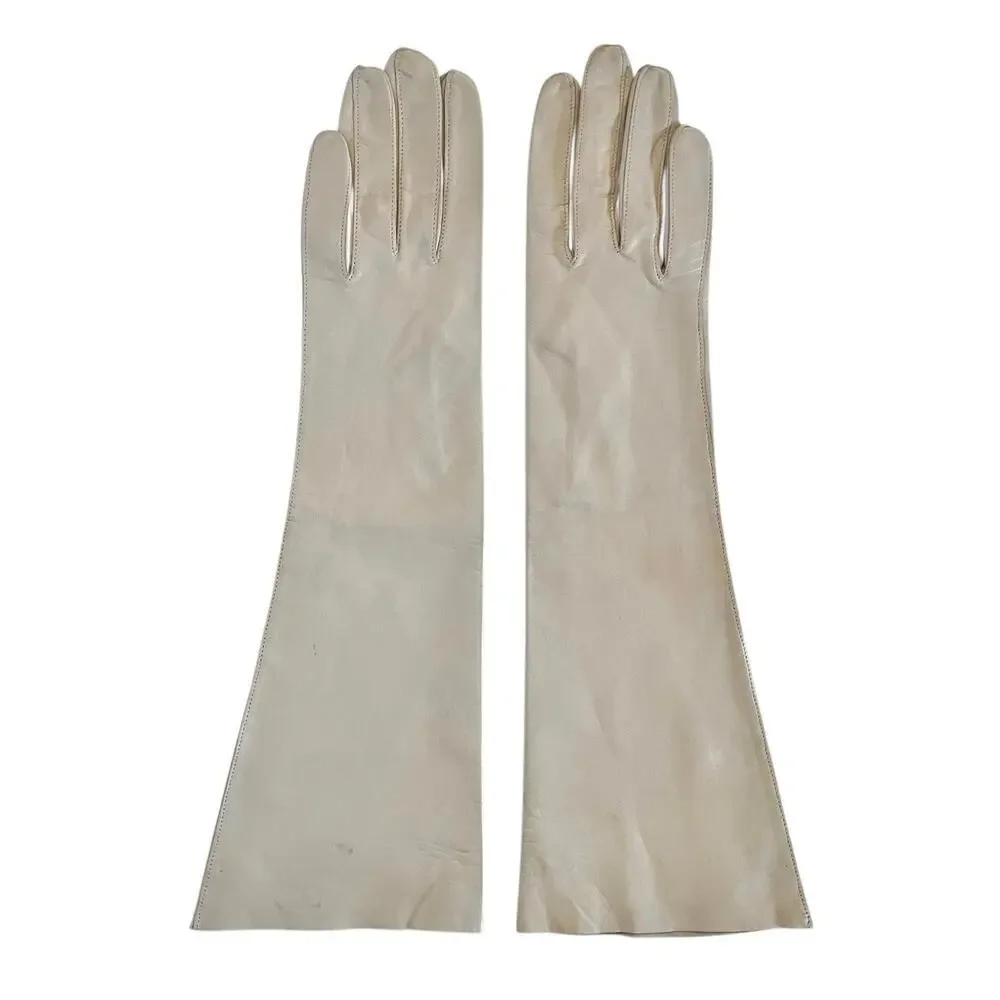 Vintage Kidskin Bone White Italian Leather Forearm Long Evening Gloves Sz 6/6.5